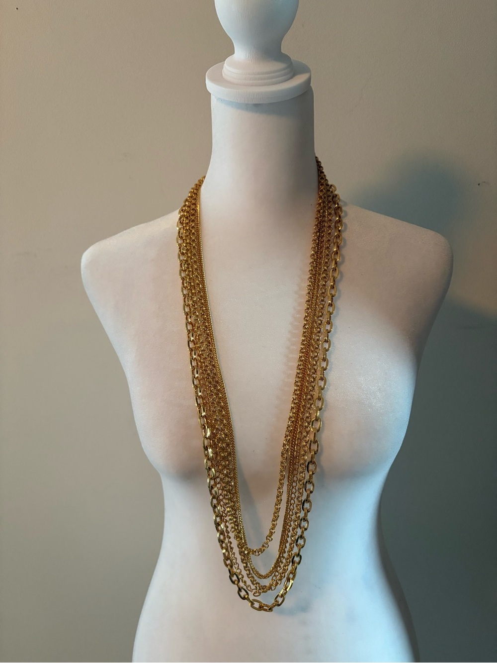 Vintage Old Gold Color, Multi-Strand Layered Chain Necklace-5 Unique Chains. 36”